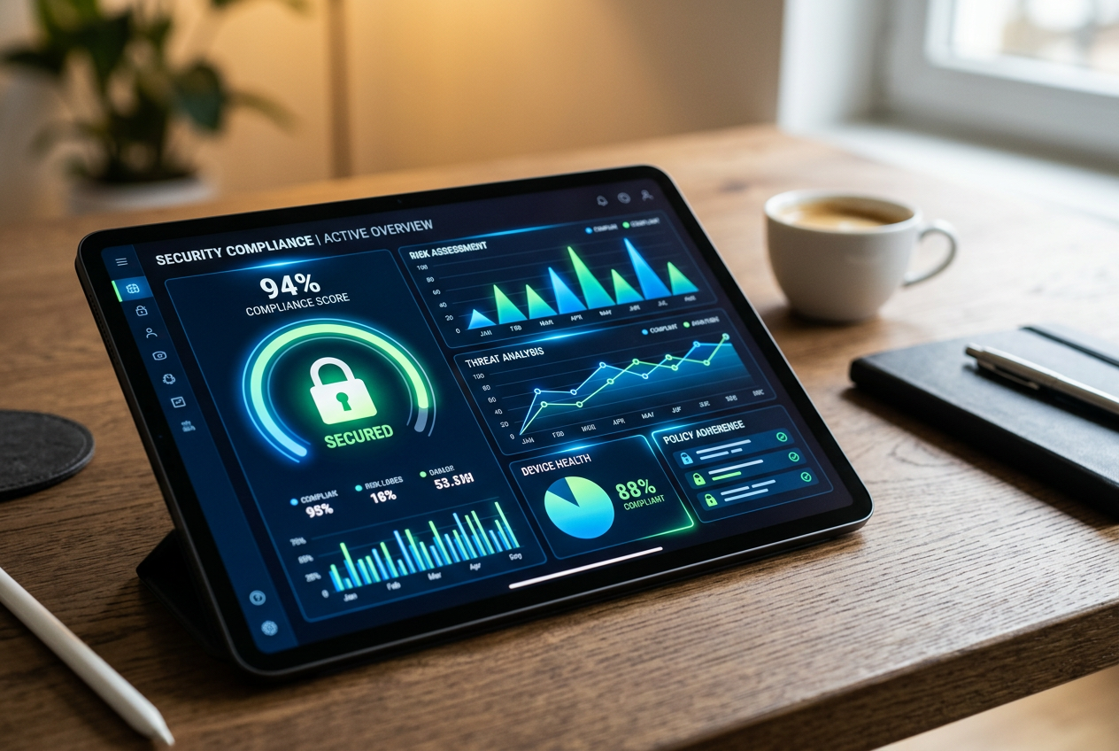 A professional digital workspace showing analytical charts and security metrics on a tablet.